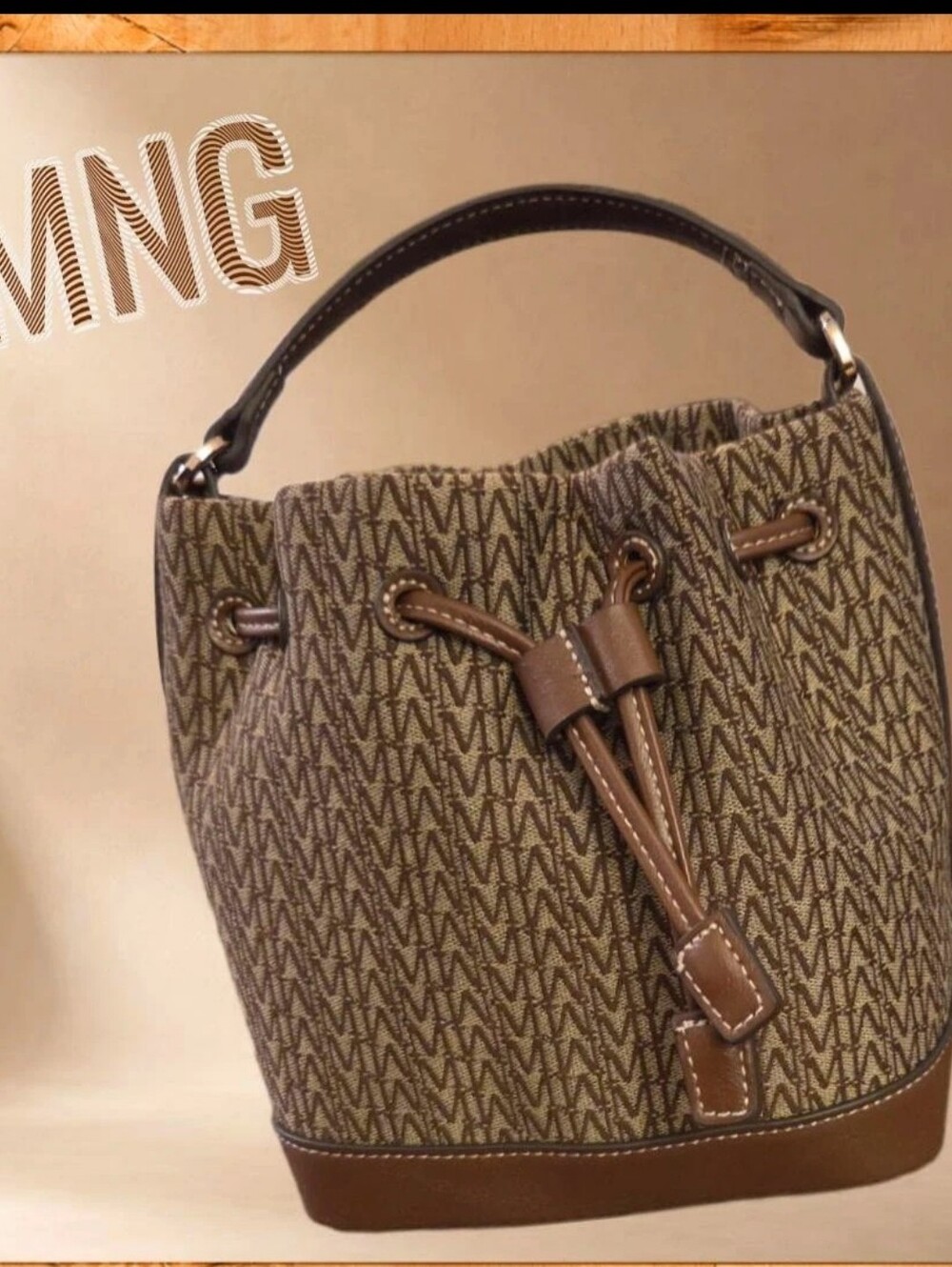 Mango MNG Monogram Jacquard Bucket Bag Brown Leather Trim